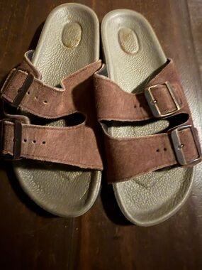 Brown Suede Double-Buckle Slide Sandals 10W or 8.5M